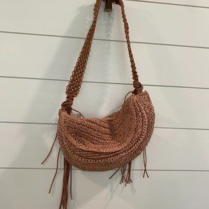 NWT LOFT Crossbody Pink Raffia Bag with Tassels Boho